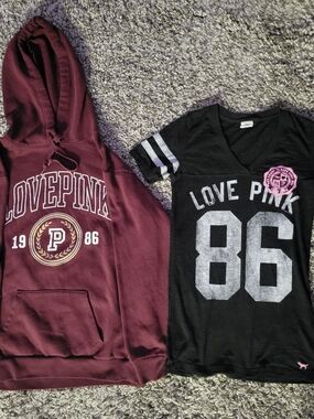 PINK Victoria's Secret Maroon Hoodie XS- Love Pink Tee SM